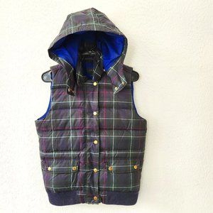 J Crew Womens Navy Hooded Plaid Puffer Vest sz Small Removable Hood